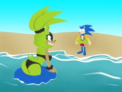 beach bikini blue_eyes blue_fur butt_focus captainmolasses fangs green_eyes green_fur hedgehog sand sfw sharp_teeth sonic_(series) sonic_the_hedgehog sonic_the_hedgehog_(idw) sonic_the_hedgehog_(series) surge_the_tenrec swimwear tenrec