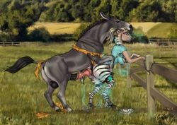 2024 asinus balls black_balls black_hair black_mane black_penis blonde_hair blue_eyes brown_eyes clothing dated detailed_background donkey duo equid equine erection female fence feral flared_penis genitals grass grey_body hair hi_res human imminent_sex imminent_vaginal male male_feral mammal mane mid_transformation mouth_closed open_mouth outside penis pink_penis plant pussy rufciu signature striped_legs tail tail_tuft tan_body tan_skin torn_clothing transformation tuft vein veiny_penis white_hair zebra