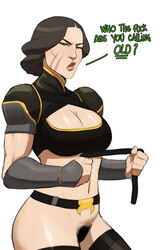 1girls 5_fingers avatar_the_last_airbender belly belt big_breasts bottomless bracelet breasts bush bust busty cleavage clothes clothing color colored covered_breasts dialog dialogue earth_kingdom english english_text facial_scar female female_focus female_only female_pubic_hair gauntlets green_eyes grey_hair hair hairy_pussy half-closed_eyes hands_up human human_only large_breasts legs legwear light-skinned_female light_skin lin_bei_fong long_hair looking_at_viewer midriff naavs navel nickelodeon no_panties no_underwear nude nude_female nudity open_eyes parted_lips plain_background pubes pubic_hair pussy scar scars shiny shiny_skin shoes short_hair smooth_skin solo solo_female solo_focus standing stockings tagme talking_to_viewer teeth text the_legend_of_korra thick_lips thigh_highs thighhighs thighs uncensored undressing vagina white_background