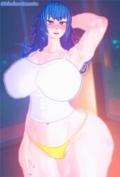 1girls 3d alternate_costume belly_button big_breasts blue_eyes blue_hair blush breasts collarbone embarrassed fangs female fit_female hair_down hand_behind_head hand_on_thigh hip_dips huge_ass huge_breasts kiminodonuts king_of_fighters koikatsu leona_heidern lips looking_at_viewer nipples_visible_through_clothing round_ass tagme tank_top thick_hips thick_thighs thin_waist thong white_tank_top yellow_panties yellow_thong