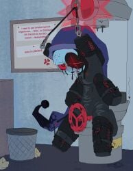 arm_strap astro_(dandy's_world) bdsm bitchsuit blue_tongue bondage bulge bulletin_board crying dandy's_world desk erection erection_under_clothes latex machine machine_bondage paper recycle_bin st0neyp0nie tied_up tongue_out trash_bin twisted_astro_(dandy's_world)
