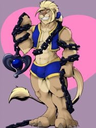 abs anthro big_feet blue_bottomwear blue_clothing blue_eyes blue_shorts blue_topwear blue_vest bottomwear brown_body brown_fur bulge chain_weapon chains claws clothing detailed_bulge feet felid fur hi_res lion looking_at_viewer male mammal pandottermon pantherine shorts smile solo tail tail_tuft teeth topwear tuft vest