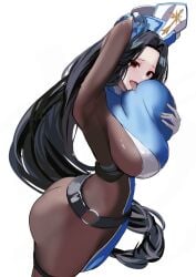 :p ass black_hair blue_tabard bodystocking braid braided_ponytail breasts female gloves goddess_of_victory:_nikke grabbing_own_breast hands_on_own_breasts hat kurono_suzuran long_hair looking_at_viewer maiden_(ice_rose)_(nikke) maiden_(nikke) official_alternate_costume red_eyes solo tabard tongue tongue_out very_long_hair white_gloves