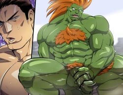 2boys abs bar_censor bara blanka censored colored_skin completely_nude dan_hibiki fangs flaccid green_skin hand_on_own_penis hibiki_dan huge_cock large_pectorals male male_focus male_only male_pubic_hair multiple_boys muscular muscular_male navel nipples nude orange_hair partially_submerged pectorals penis pointless_censoring pubic_hair street_fighter testicles thick_chest_hair zoku_bu