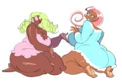 2girls animation_sensation barefoot bbw big_ass big_breasts blue_clothing character_design chubby_female dark-skinned_female feet female huge_ass human lime_hair lipstick no_pupils oc original_characters pajamas pink_clothing pink_hair swirly_glasses thick_thighs voluptuous_female wide_hips