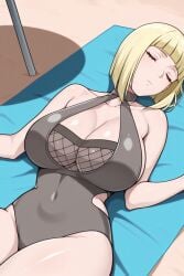 1girls adapted_costume ai_generated alternate_costume arm_support armband bare_arms bare_chest bare_legs bare_shoulders bare_thighs beach beach_towel beach_umbrella big_breasts blonde_hair blunt_bangs blush bob_cut breasts calm center_opening cleavage closed_eyes collarbone female female_only huge_breasts large_breasts light-skinned_female light_skin lying_on_back mature mature_female mature_woman midriff nai_diffusion naruto naruto_(series) naruto_shippuden navel novowels official_alternate_costume one-piece_swimsuit oppai relaxing revealing_swimsuit samui seaside shiny_breasts shiny_shoulders shiny_skin shiny_thighs short_hair sleeping solo solo_focus stable_diffusion sunbathing swimsuit towel umbrella voluptuous voluptuous_female