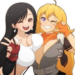 2girls black_hair black_hair_female blonde_female blonde_hair breasts breasts_pressed_against_another cleavage clothed_female crossover final_fantasy_vii final_fantasy_vii_remake manyakis purple_eyes red_eyes rwby smiling tifa_lockhart transparent_background unzipped_jacket winking yang_xiao_long