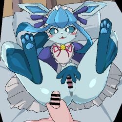animated anthro anus biped blue_body blue_eyes blush bodily_fluids censored censored_genitalia censored_penis clothed clothing cum cum_in_vagina cum_inside dialogue dress eeveelution eyelashes female generation_4_pokemon genital_fluids genitals glaceon glistening glistening_body human human_on_anthro interspecies looking_at_viewer low_res lying male male/female mammal masturbation nintendo no_underwear on_back pawpads penile penile_masturbation pillow pokemon pokemon_(species) pupils sky_necko solo_focus spread_legs spread_vulva spreading text thick_thighs vulva