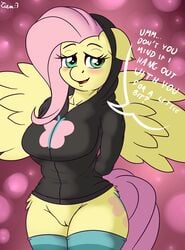 2016 anthro anthrofied blush clothed clothing cutie_mark dialogue english_text equine female fluttershy_(mlp) friendship_is_magic hair hi_res legwear long_hair looking_at_viewer mammal my_little_pony open_mouth pegasus pink_hair pussy solo straight_hair text thigh_highs wings ziemniax