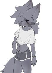 anthro cropped_shirt dolphin_shorts femboy friday_night_funkin friday_night_funkin_mod furry grey_body grey_fur kapi_(paperkitty) yamantauwu