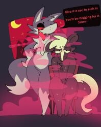 ambiguous_gender blush blush blush_lines duo fur furry furry_only lewdsnail no_genitals pheromones red_eyes resisting seductive sharp_teeth skunk squishy_(artist) sweat sweatdrop tail text text_box tongue tongue_out turned_on wide_hips