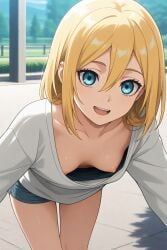 ai_generated attack_on_titan boobs_out breast_slip christa_lenz clothed clothed_female flat_chest historia_reiss looking_at_viewer nipple_slip petite petite_body petite_female pov shingeki_no_kyojin small_breasts wardrobe_malfunction