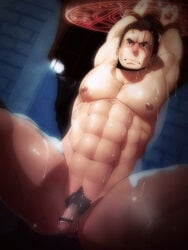 2boys abs bara male_only multiple_boys muscle pecs penis restrained scar sweat x6aqyht5n_(artist) yaoi