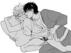 2boys age_difference anger_vein angry bags_under_eyes blush bulge clothes_lift clothing_pull from_behind gay gintama hijikata_toshiro japanese_clothes kimono looking_at_another looking_back male male_only monochrome nervous okita_sougo pillow_grab pillow_hug surprised sweat twink underwear utsumi wavy_mouth yaoi