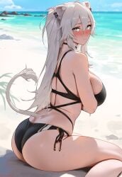 back_view beach big_ass big_breasts bikini blush child_bearing_hips embarrassed embarrassed_female furry_ears furry_female furry_tail hololive hololive_japan kguy1920 kneeling long_hair looking_at_viewer shishiro_botan sideboob slim_waist tagme thick_ass thick_thighs white_hair wide_hips