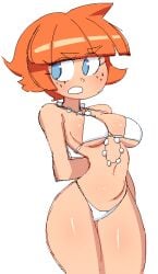 bead_necklace bikini blue_eyes breasts cragscleft freckles freckles_on_face medium_breasts mimi_mortin necklace orange_hair red_hair what_about_mimi white_bikini