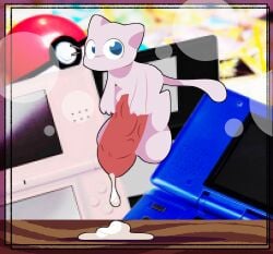 2022 absurd_res anthro balls big_balls big_penis blue_eyes bodily_fluids border cum cum_on_ground digital_media_(artwork) electronics floating game_console generation_1_pokemon genital_fluids genitals hi_res huge_balls huge_cock hyper hyper_genitalia hyper_penis legendary_pokemon looking_at_viewer male mew_(pokemon) nintendo nintendo_ds nintendo_ds_console nintendo_ds_family pawplants penis pink_body pokeball pokemon pokemon_(species) small_but_hung solo tail vein veiny_penis