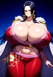 1girls ai_generated big_breasts black_hair blue_eyes boa_hancock breasts breasts_bigger_than_head cleavage curvy curvy_body curvy_female curvy_figure ear_piercing earring earrings female female_focus female_only gigantic_breasts huge_breasts large_breasts long_hair massive_breasts minmin one_piece revealing_clothes solo solo_female solo_focus thick_hips thick_thighs