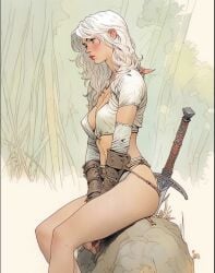 breasts ciri drawing nhoeskape skinny sword the_witcher_(series) the_witcher_3:_wild_hunt tits white_hair