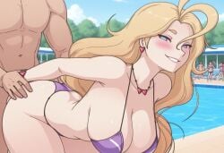 ai_generated big_ass bikini blonde_hair blue_eyes cartoon large_breasts long_hair naughty_face people_in_background small_waist valentine_(derpixon) vector water_park