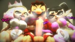 1boy 2futas 3d 3d_(artwork) balls big_penis black_hair breasts brown_hair callie_(splatoon) cephalopod cephalopod_humanoid crossover dialogue ejaculation erection facial_hair futanari genitals gigantic_penis gloves handjob hands_on_penis huge_cock human humanoid idiotboxangel large_penis light-skinned_male light_skin male male/futa male_on_futa mario mario_(series) moustache nintendo open_mouth pearl_(splatoon) penis penis_size_difference red_shirt red_shorts sitting splatoon squid squid_humanoid stroking_penis text tongue tongue_out white_gloves