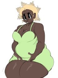 1girls animation_sensation bbw big_ass big_breasts blonde_hair blue_clothing character_design chubby_female dark-skinned_female dark_skin female green_clothing human oc original_character pajamas thick_thighs voluptuous_female white_background wide_hips