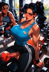 2futas ai_generated big_ass big_breasts casual casual_exposure charv futa_only futa_with_futa futanari gym looking_at_partner penis_out public