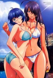 2girls beach bikini bikini_top_undone blue_hair blue_sky breasts cleavage curvy eyepatch female female_only ikkitousen kan'u_unchou kanu_unchou long_hair outdoors outside purple_hair rin-sin ryomou_shimei short_hair untied_bikini untied_bikini_top