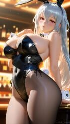 ai_generated arknights bunny_girl bunnysuit expressionless huge_breasts looking_at_viewer rabbit_ears skadi_(arknights) standing thick_thighs