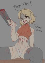 ashley_graham ashley_graham_(brooke_elizabeth_mathieson) blonde_hair blood blood_on_clothes blood_on_face caucasian colored covered_in_blood crazy_eyes crop_top female_only holding_weapon nipples_visible_through_clothing resident_evil resident_evil_4 sitting smiling solo_female thick_thighs thighhighs thighs trash_talk vampire white_panties