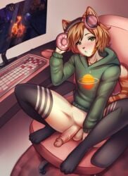 anthro balls blush clothing computer electronics femboy gambler gaming genitals hi_res hoodie legwear male outer_wilds penis player playing_video_game rogbiejoke solo stockings summer topwear trap_(disambiguation) ych_femboy ych_femboys