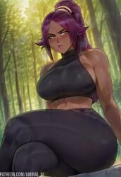 abs ai_generated amiral_ai arms_behind_back black_leggings bleach bleach:_the_thousand-year_blood_war blush dark-skinned_female forest forest_background gym_topwear huge_breasts huge_thighs leggings long_hair looking_at_viewer massive_thighs purple_hair shihouin_yoruichi sitting strong_woman topwear voluptuous wide_hips yellow_eyes