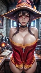 ai_generated big_breasts breasts choker cleavage detailed_background fake_breasts female female_focus female_only glasses hat huge_breasts kono_subarashii_sekai_ni_shukufuku_wo! large_breasts megumin portrait red_eyes seductive seductive_body sexually_suggestive shiny_breasts shiny_skin shy sky4maleja