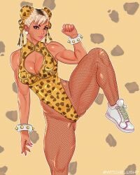 1girls abs blonde_hair blushwitch blushwitch7 brown_eyes chinese_clothes chun-li cleavage cleavage_cutout earrings fighting_stance fishnet_stockings fishnets gyaru gyaru_gal gyarufication hair_bun leopard_print leotard muscular muscular_female pearl_earrings pink_hair_streak ribbon ripped_stockings shoes simple_background sneakers solo standing_on_one_leg street_fighter tan_skin tanned_female