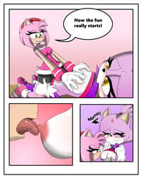 2girls amy_rose blaze_the_cat breast_hold breast_sucking breasts clothing comic dialogue duo feline female female_only gloves green_eyes hedgehog kissing mammal mario_and_sonic_at_the_olympic_games multiple_girls nipple_licking nipple_play part_of_a_set sandunky sega sex sonic_(series) sonic_the_hedgehog_(series) sports_uniform sportswear sucking surprised tagme text tongue video_games yellow_eyes yuri