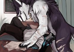 clothed clothed_sex clothing cum cum_in_mouth cum_inside cyberia desk duo fellatio fully_clothed hand_on_head lying male office on_back oral paper pencil_(disambiguation) penis riku_tavash sergal sex size_difference standing throat_swabbing torakuta yaoi