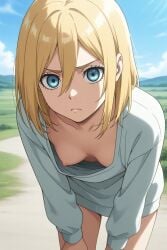 ai_generated attack_on_titan boobs_out breast_slip christa_lenz clothed clothed_female flat_chest historia_reiss looking_at_viewer nipple_slip petite petite_body petite_female pov shingeki_no_kyojin small_breasts wardrobe_malfunction