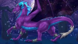 16:9 2024 anus blue_body blue_claws blue_eyes blue_frill blue_horn cheek_frill claws dated dragon female female_feral feral frill_(anatomy) genitals grass hi_res horn membrane_(anatomy) membranous_wings moon mythological_creature mythological_scalie mythology neck_frill night open_mouth outside plant purple_body pussy rufciu scalie side_view signature solo tail tail_tuft tree tuft vulva widescreen wings