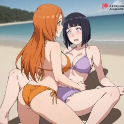 2girls black_hair bleach crossover hyuuga_hinata inoue_orihime naruto orange_hair swimsuit