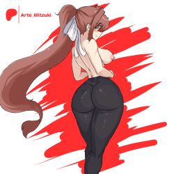 1girls ass ass_focus big_ass big_boobs big_breasts big_butt black_yoga_pants boobs breasts butt doki_doki_literature_club female female_only green_eyes long_hair monika_(doki_doki_literature_club) nipples ponytail solo solo_female solo_only topless topless_female yoga_pants zeddarts