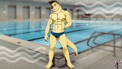 2013 abs anthro athletic athletic_anthro athletic_male balls_outline biped blue_clothing blue_speedo blue_swimwear brown_hair bulge clothed clothing detailed_bulge digital_drawing_(artwork) digital_media_(artwork) eyebrows fabfelipe front_view fur genital_outline hair hand_behind_back male mammal muscular muscular_anthro muscular_male mustelid navel nipples otter penis_outline pool solo speedo speedo_only standing swimwear tail topless yellow_body yellow_fur