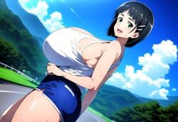 ai_generated artist_request ashitsutta black_hair blush green_eyes huge_breasts kirigaya_suguha light-skinned_female light_skin looking_at_viewer maid_uniform massive_breasts see-through see-through_clothing short_hair smiling solo_female squatting sweat sweatdrop sword_art_online tank_top thick_body thick_female voluptuous voluptuous_female