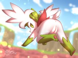 2017 ass female feral furry hi_res legendary_pokemon mammal nintendo nude open_mouth pokemon pokemon_(species) pussy shaymin shaymin_(sky_form) signature solo video_games zinfyu