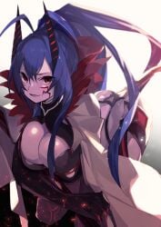 1girls another_dark_mai blazblue breasts cloak horns hyakuhachi_(over3) looking_at_viewer mai_natsume red_eyes