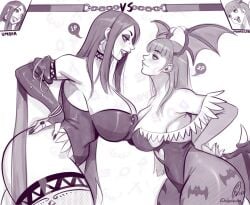 2girls ass bat_wings big_ass big_breasts bracelets breasts darkstalkers edemevas female female_only hand_on_hip head_wings huge_breasts large_ass large_breasts looking_at_each_other morrigan_aensland multiple_girls original_character piercings tights umbra_(edemevas) umbra_(jinedem) wings