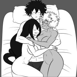 1boy 2girls izuku_midoriya mina_ashido my_hero_academia nude soulyagami64 tsuyu_asui