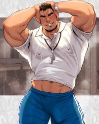 1boy armpit_hair arms_up bara beard_stubble beefy biceps big_hands blush brown_eyes brown_hair bulge bulge_through_clothing clenched_teeth clothed daddy dilf frown gay genital_outline grin hand_on_head happy_trail hi_res hunk looking_at_viewer male male_only manly mature_male muchiyukichan muscles muscular muscular_arms muscular_legs muscular_male muscular_thighs navel nipples_visible_through_clothing original original_character p.e._teacher short_hair solo standing steam steaming_body teacher thick_arms thick_eyebrows thick_neck thick_thighs tight_clothing tough_guy veiny_arms whistle whistle_around_neck white_shirt wristwatch yaoi