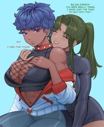 2girls abs art_trade blue_background blue_hair borrowed_character breast_press choker cleavage crossover dark-skinned_female dark_skin english_text fishnet_topwear green_hair hug_from_behind large_breasts mole mole_under_mouth pokemon pokemon_oc purple_eyes skindentation spiked_choker undressing undressing_another violet_(x_elle) x_e11e yuri zoraida_(nyantcha)