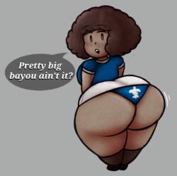 1girls afro atlasdoesstuff big_ass brown_hair countryhumans countryhumans_girl curly_hair dark-skinned_female dark_skin dialogue english_text eyebrows_visible_through_hair fat_ass female female_only huge_ass louisiana louisiana_(countryhumans) north_america statehumans statehumans_girl text united_states_of_america