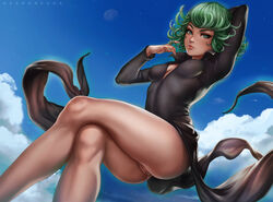 1girls absurdres arm_behind_head artist_name ass big_ass black_dress breasts clouds crossed_legs curly_hair dandon_fuga dress eyelashes female female_only floating green_eyes green_hair hair_twirling hairless_pussy highres human legs looking_at_viewer medium_breasts nipple_bulge no_panties one-punch_man outdoors pussy pussy_juice pussy_juice_drip short_hair sky smile solo tatsumaki upskirt